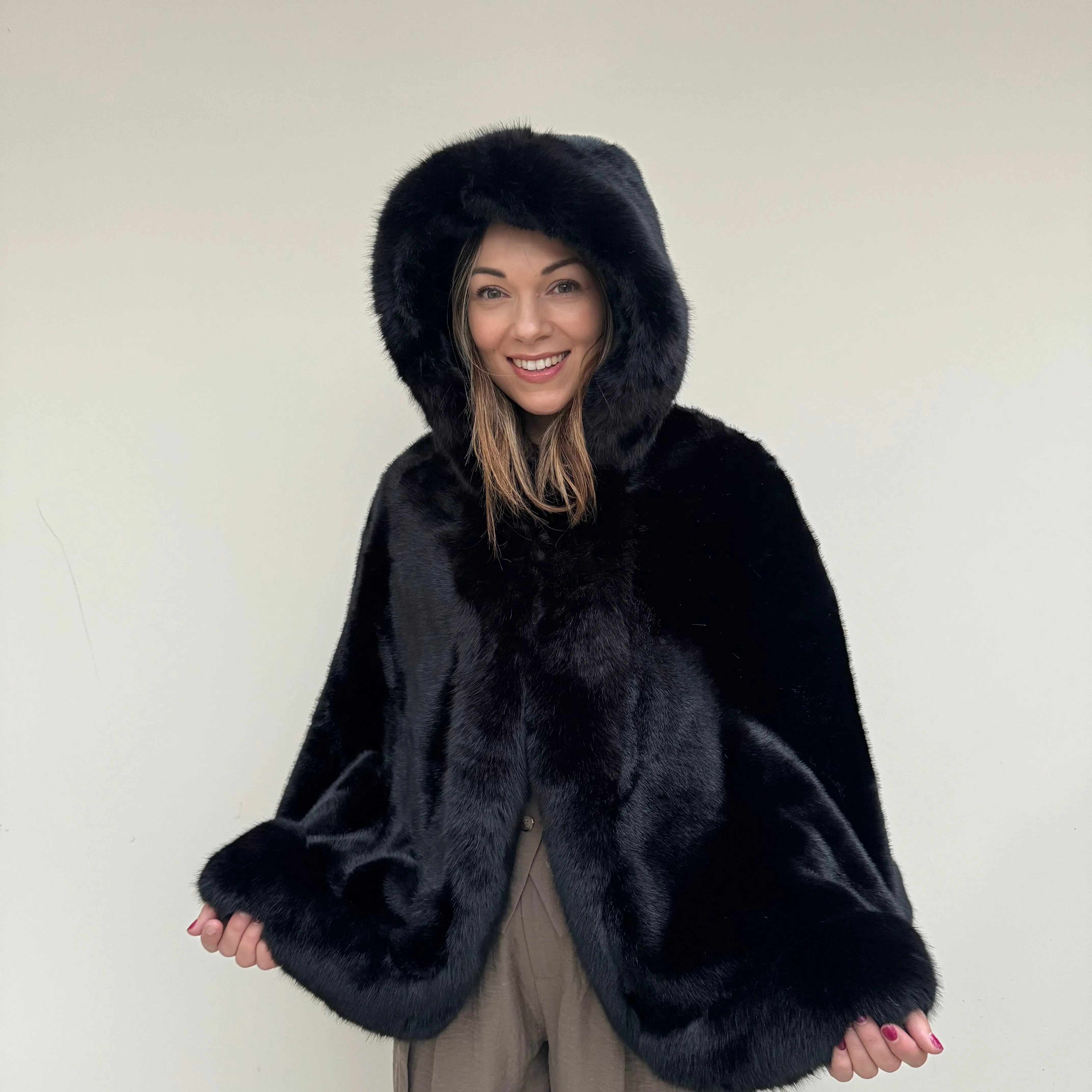 Faux Fur Hooded Poncho Cape