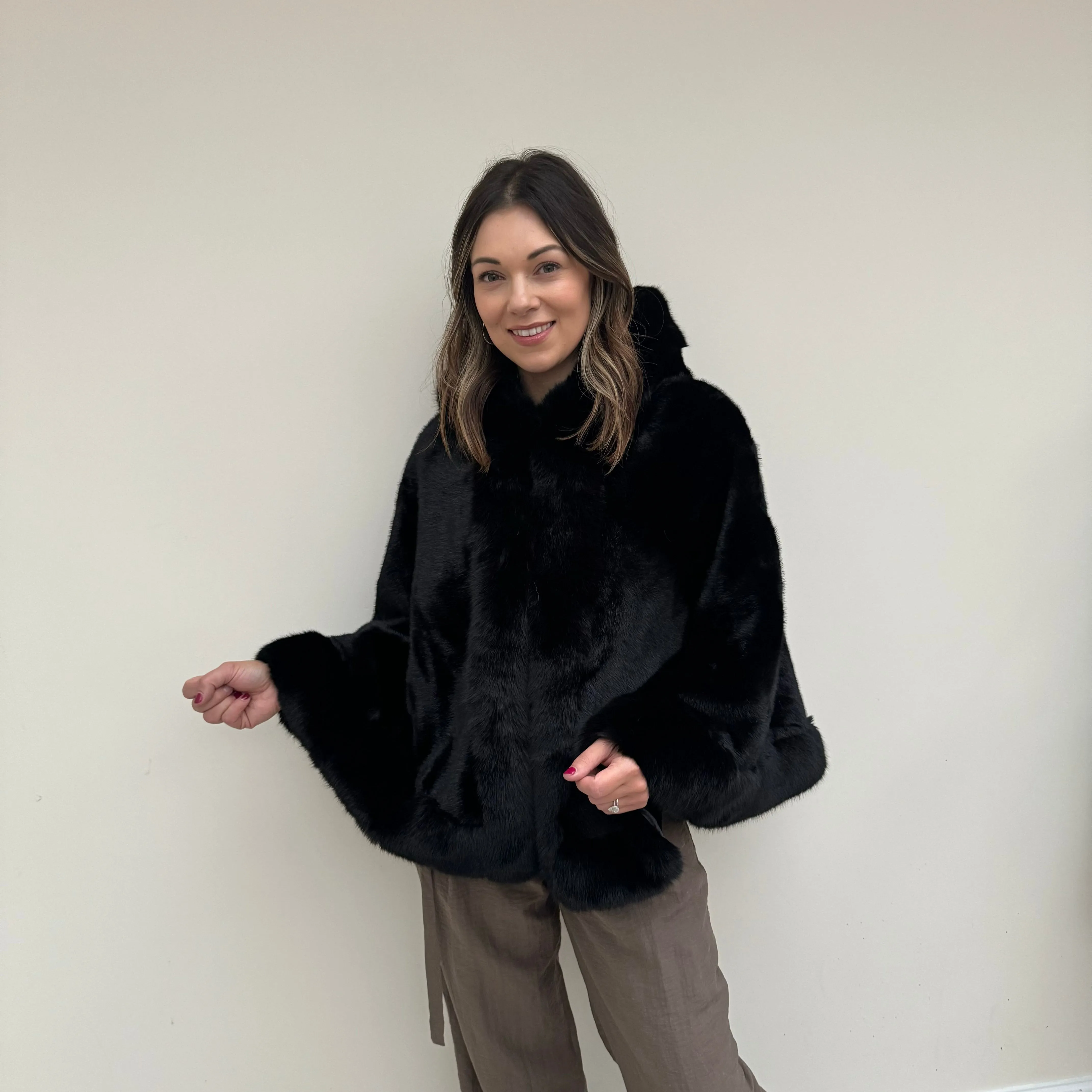 Faux Fur Hooded Poncho Cape