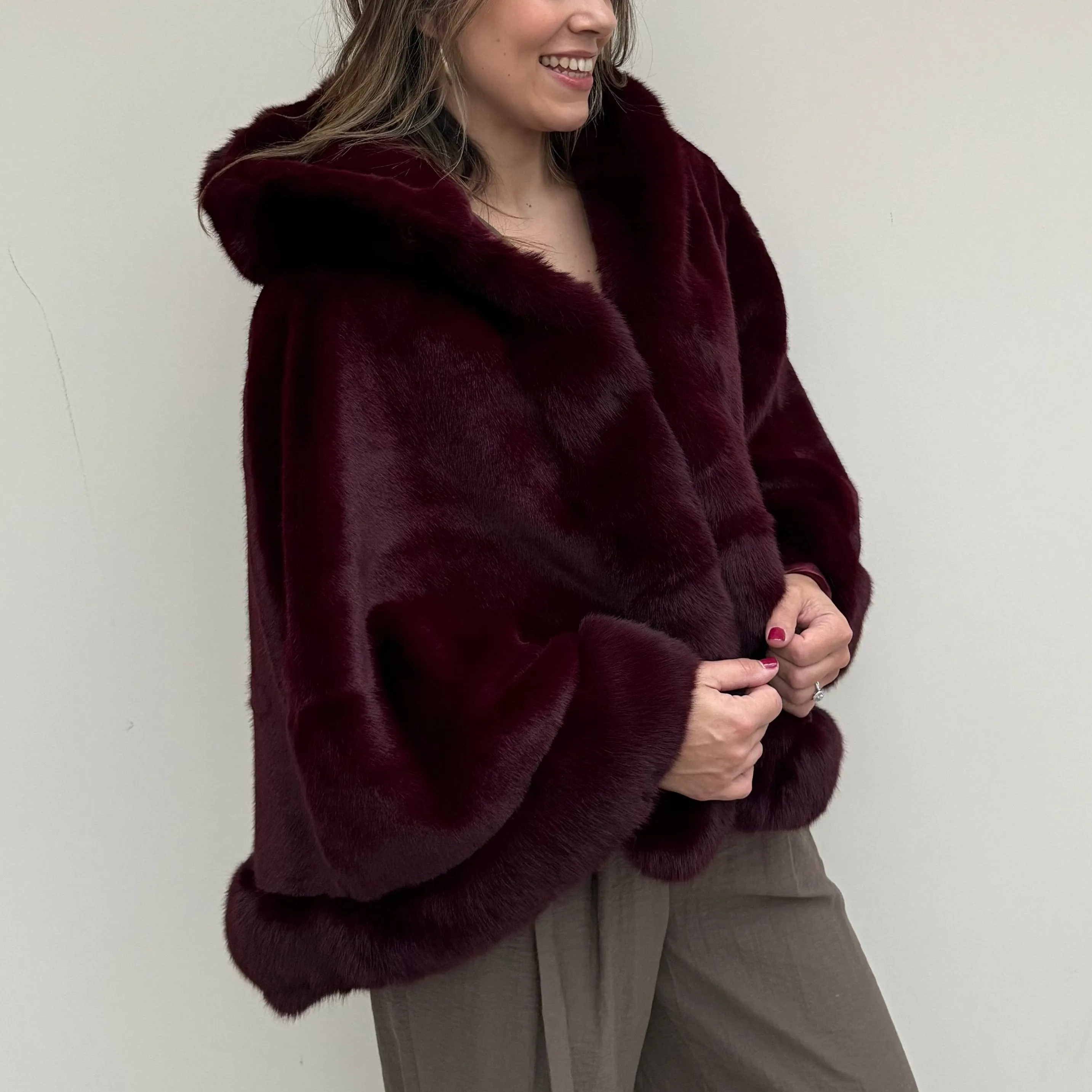 Faux Fur Hooded Poncho Cape