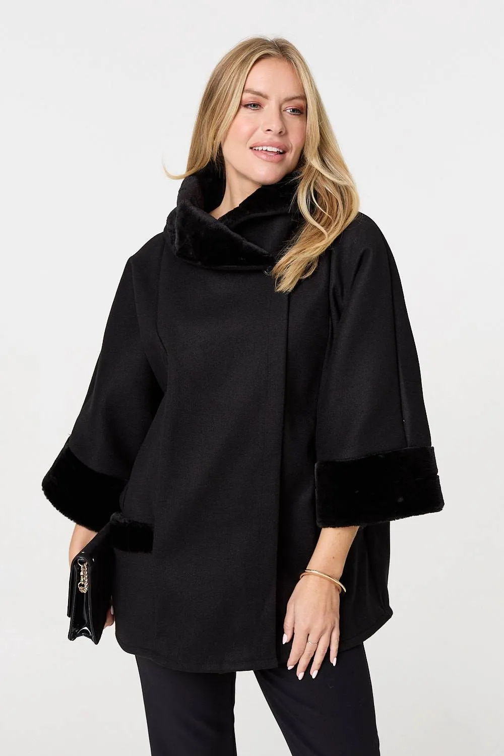 Faux Fur Trim 3/4 Sleeve Cape Coat