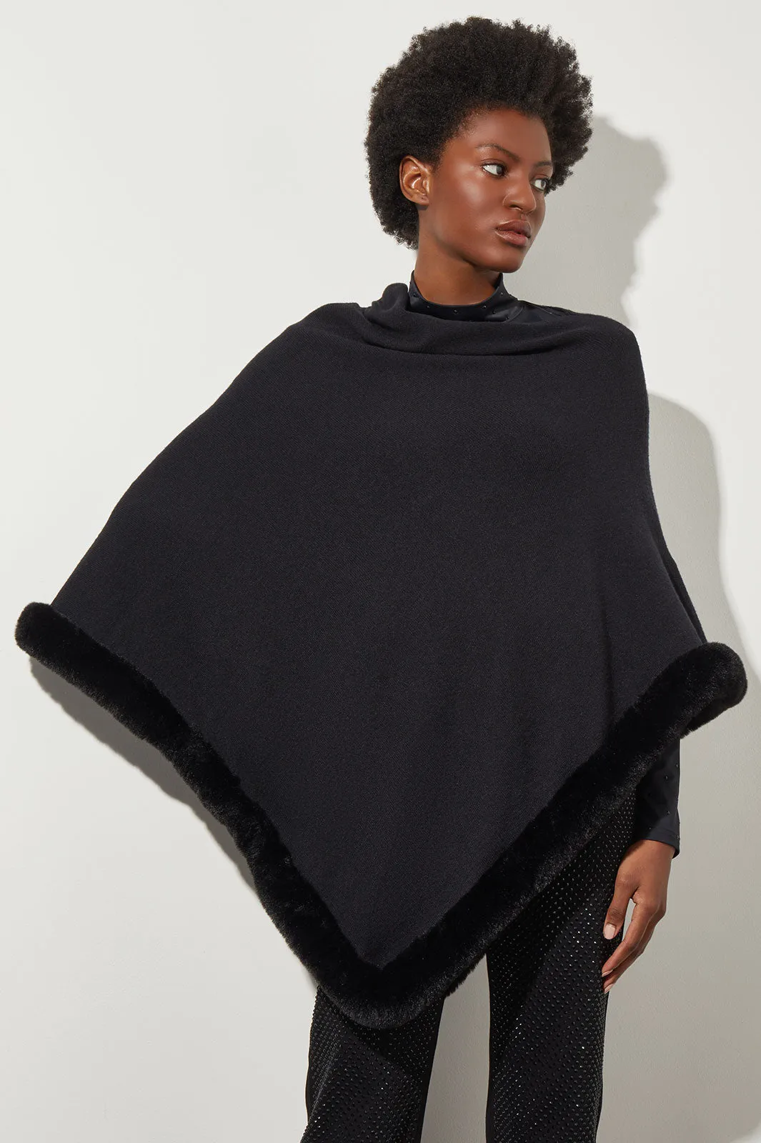 Faux Fur Trim Knit Cape, Black