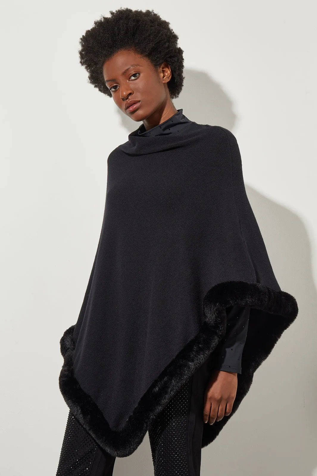 Faux Fur Trim Knit Cape, Black