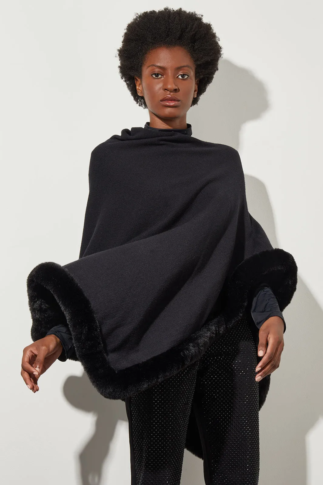 Faux Fur Trim Knit Cape, Black