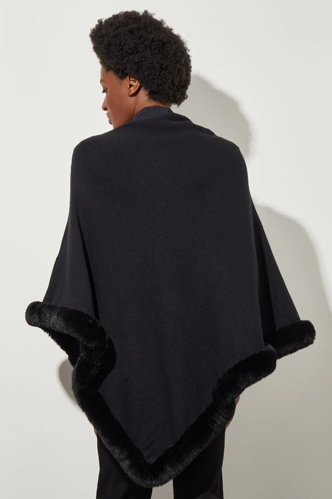 Faux Fur Trim Knit Cape, Black