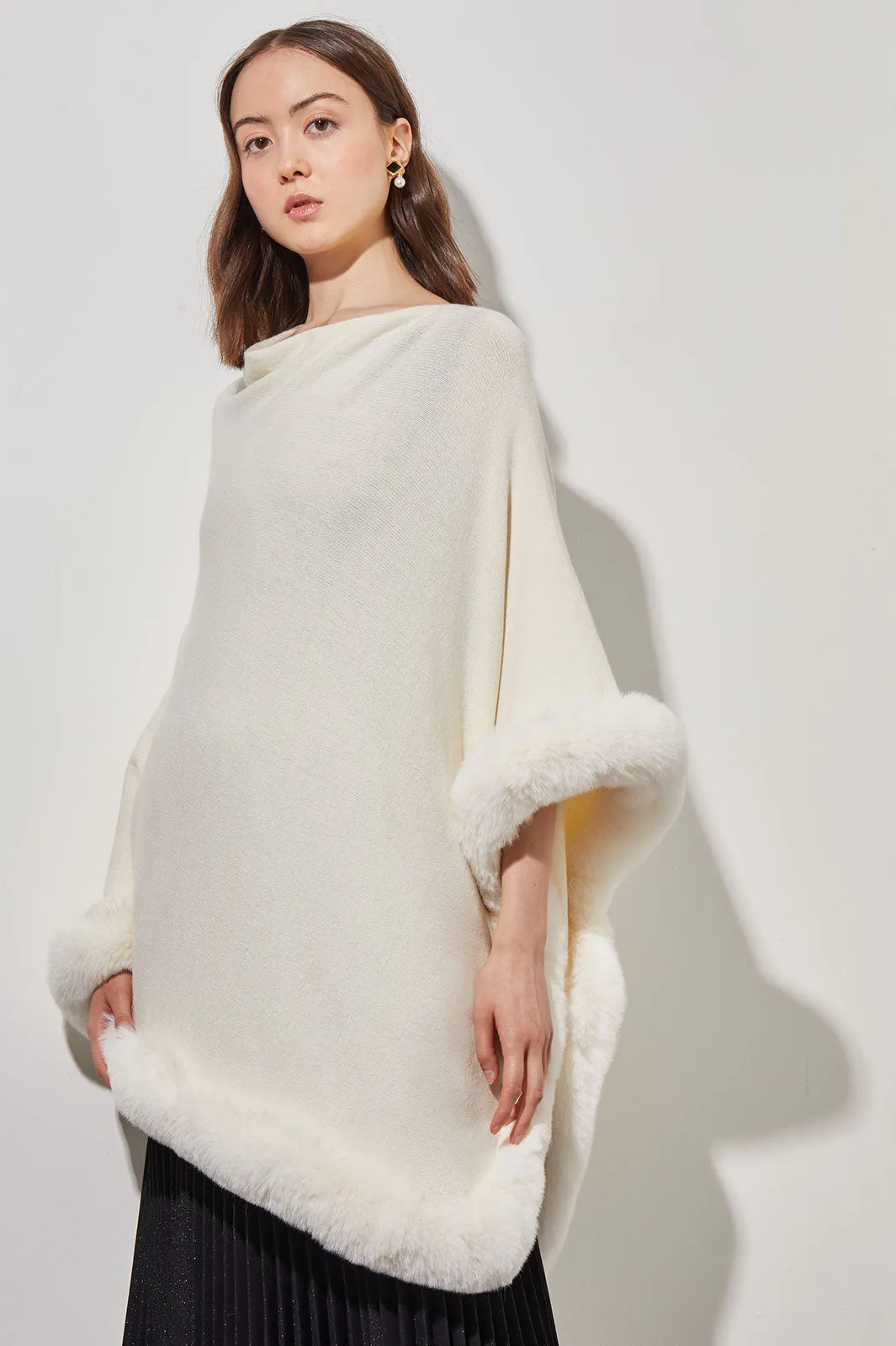 Faux Fur Trim Knit Cape, Ivory