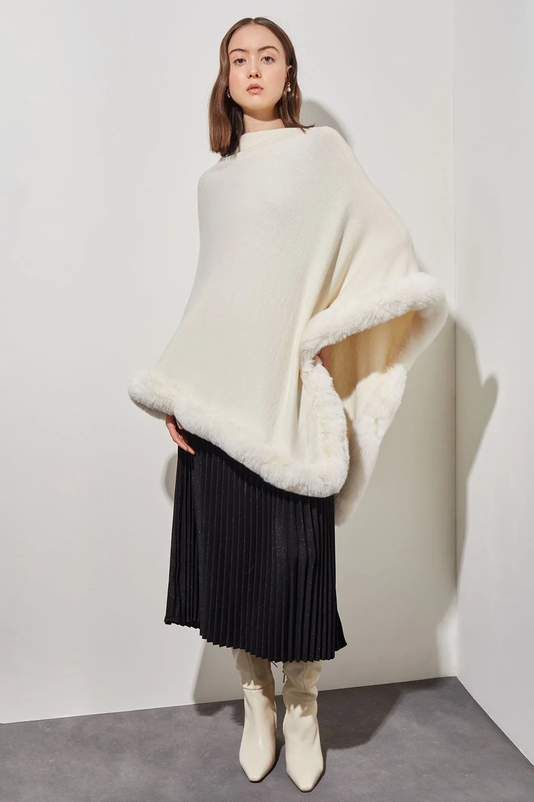 Faux Fur Trim Knit Cape, Ivory