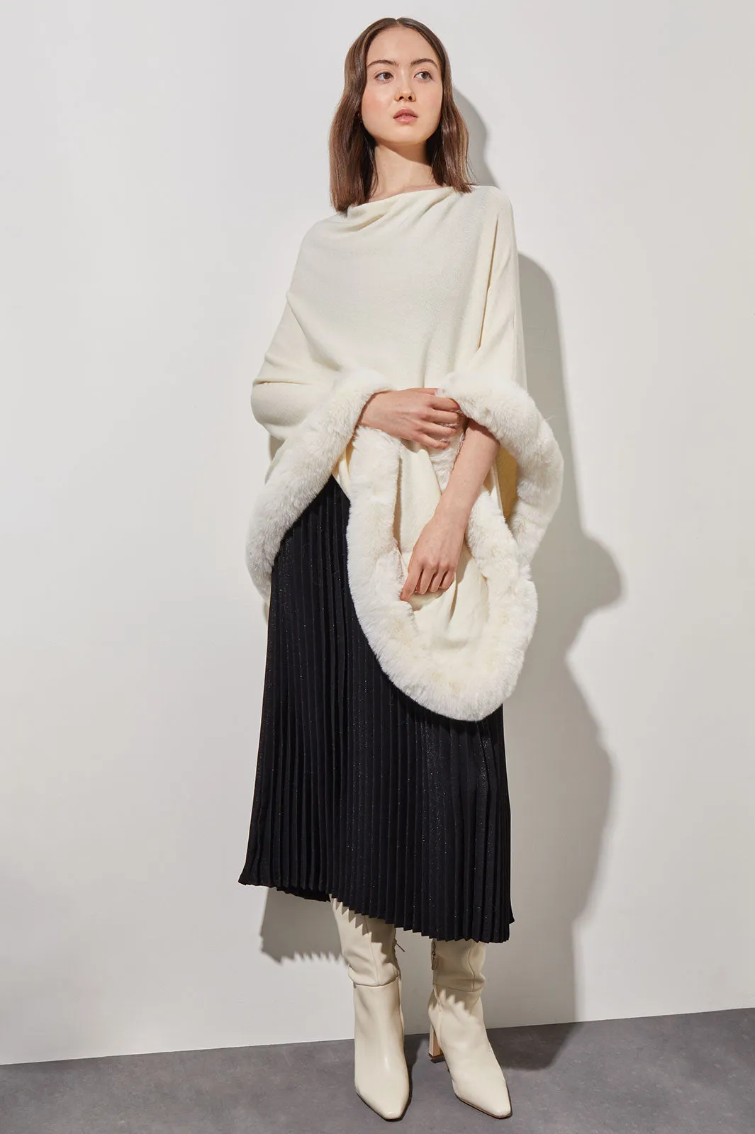 Faux Fur Trim Knit Cape, Ivory