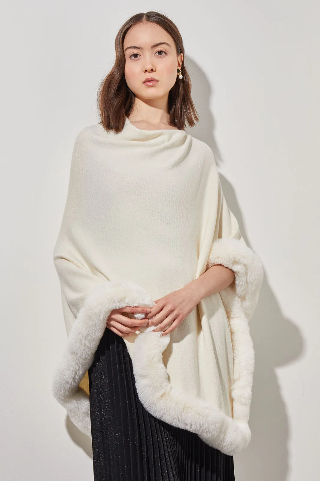 Faux Fur Trim Knit Cape, Ivory