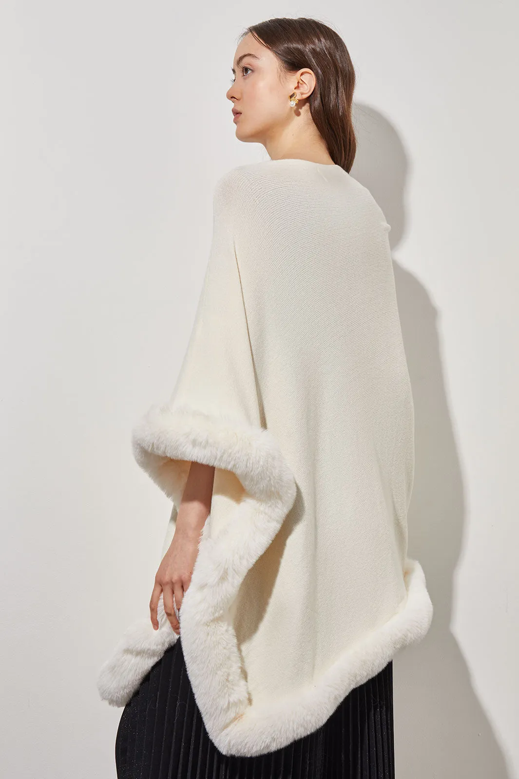 Faux Fur Trim Knit Cape, Ivory