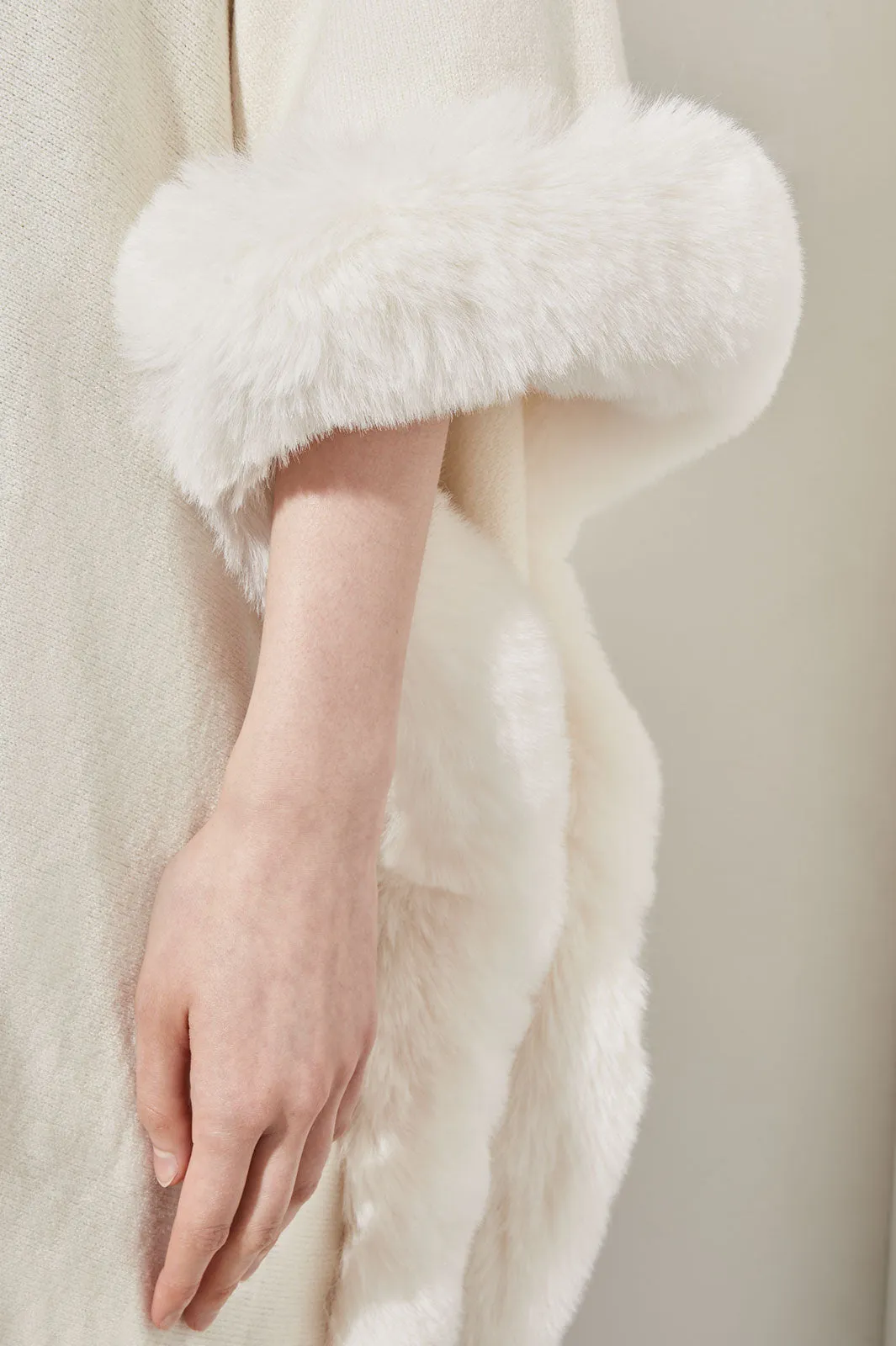 Faux Fur Trim Knit Cape, Ivory