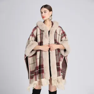 Faux rabbit fur collar hooded cape