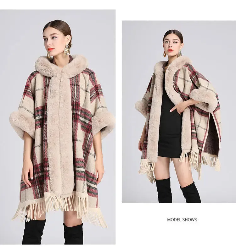 Faux rabbit fur collar hooded cape