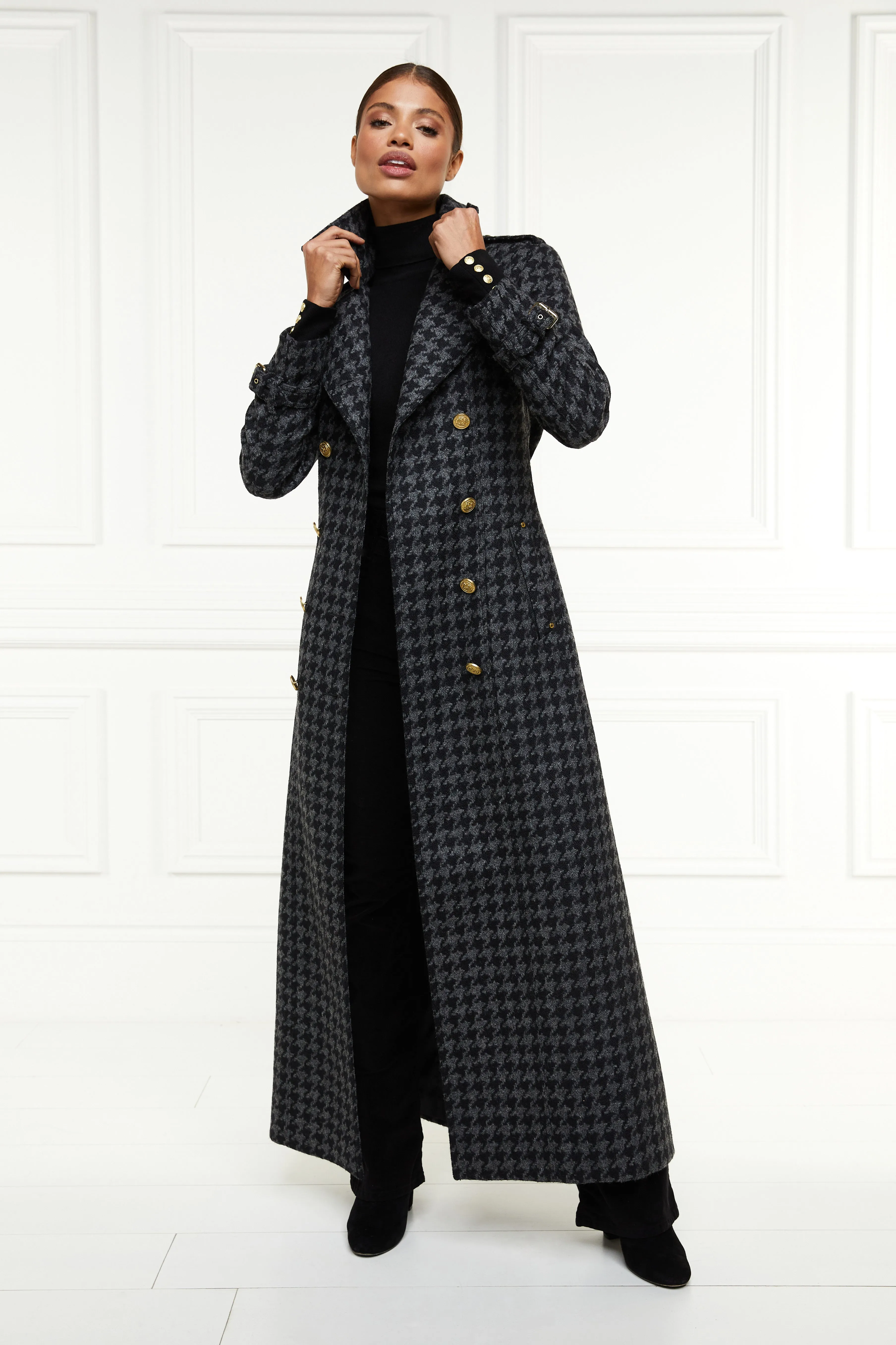 Full Length Chelsea Trench Coat (Large Scale Charcoal Houndstooth)