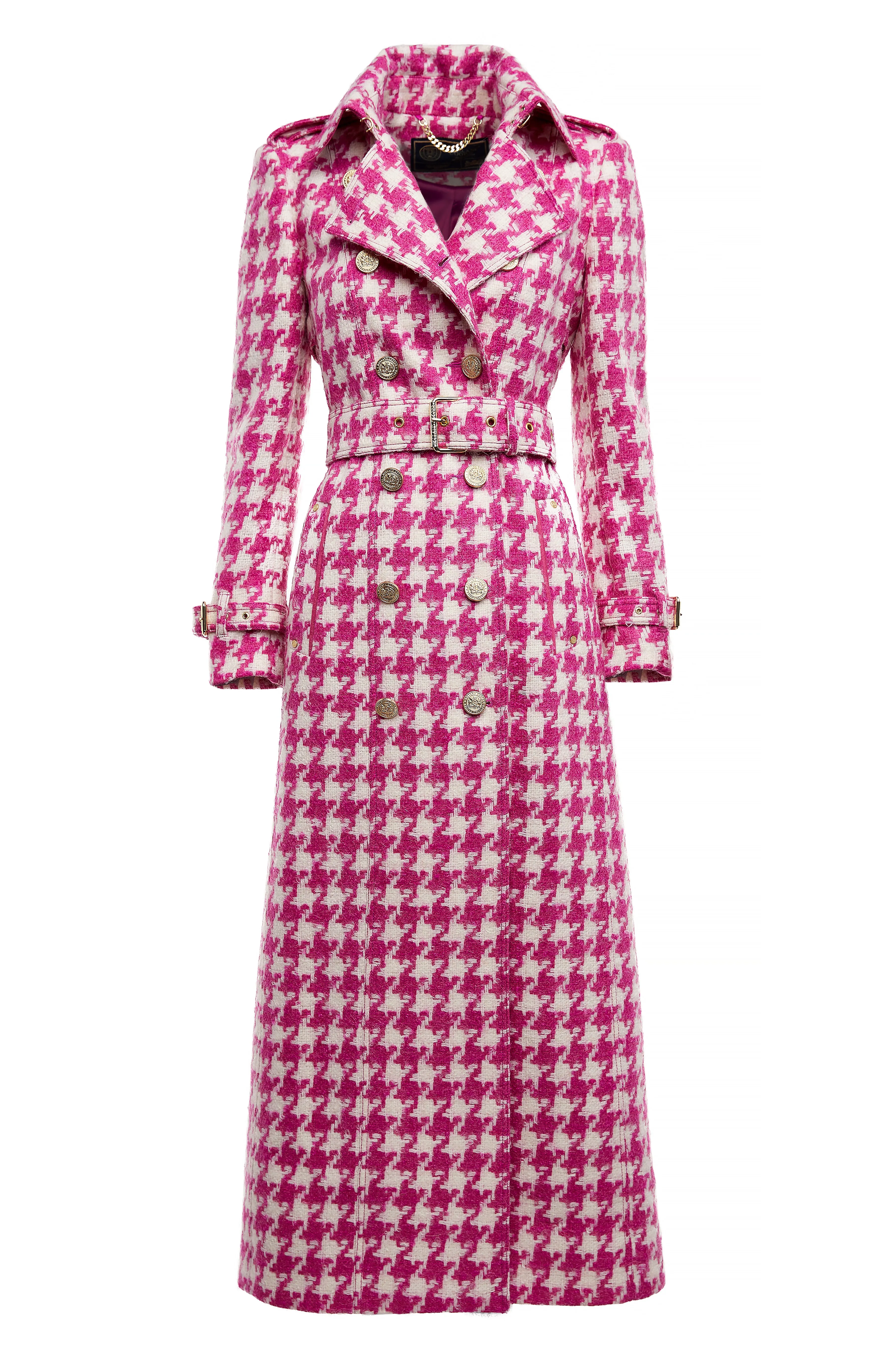 Full Length Marlborough Trench Coat (Hot Pink Large Scale Houndstooth)