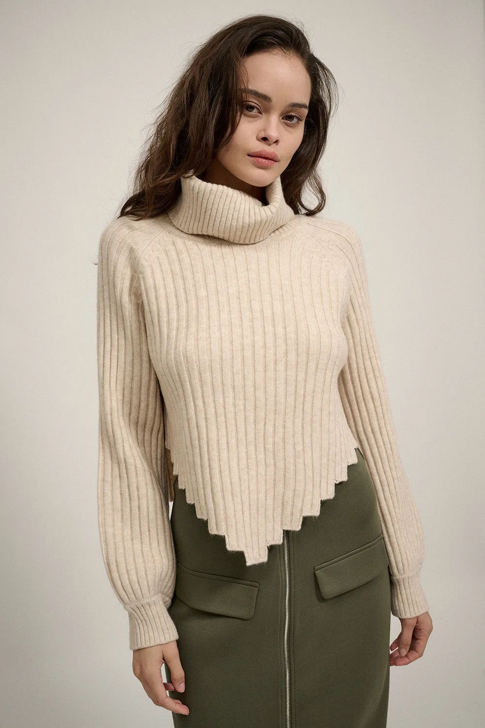 Geometric Solace Cream Turtleneck Sweater