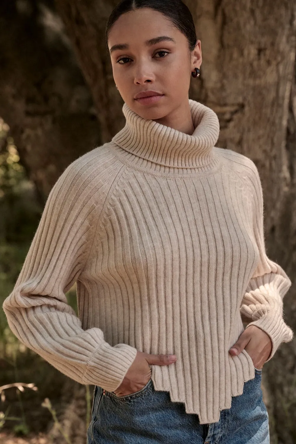 Geometric Solace Cream Turtleneck Sweater