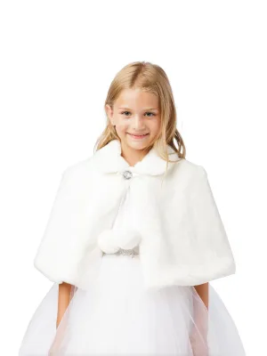 Girls Off-White Plush Fur Glitter Single Button Closure Soft Cape 5-16