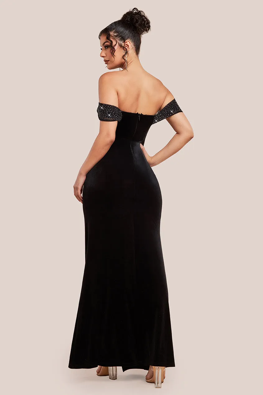 Goddiva Off Shoulder Hotfix Diamante Wing Velvet Maxi Dress