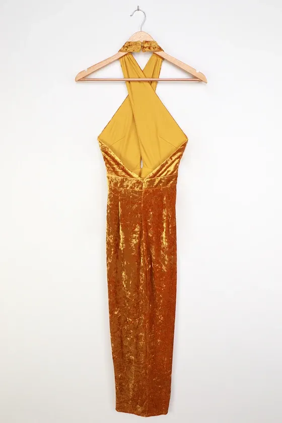 Got to Flaunt Golden Yellow Velvet Crisscross Halter Maxi Dress