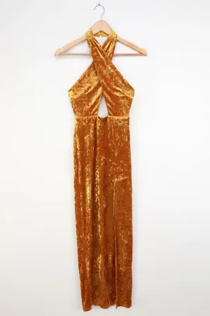 Got to Flaunt Golden Yellow Velvet Crisscross Halter Maxi Dress