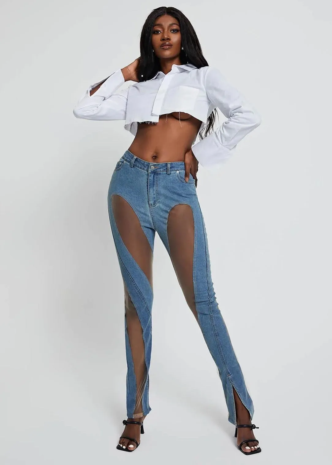 High Waist Mesh Inserts Tight Denim Pants