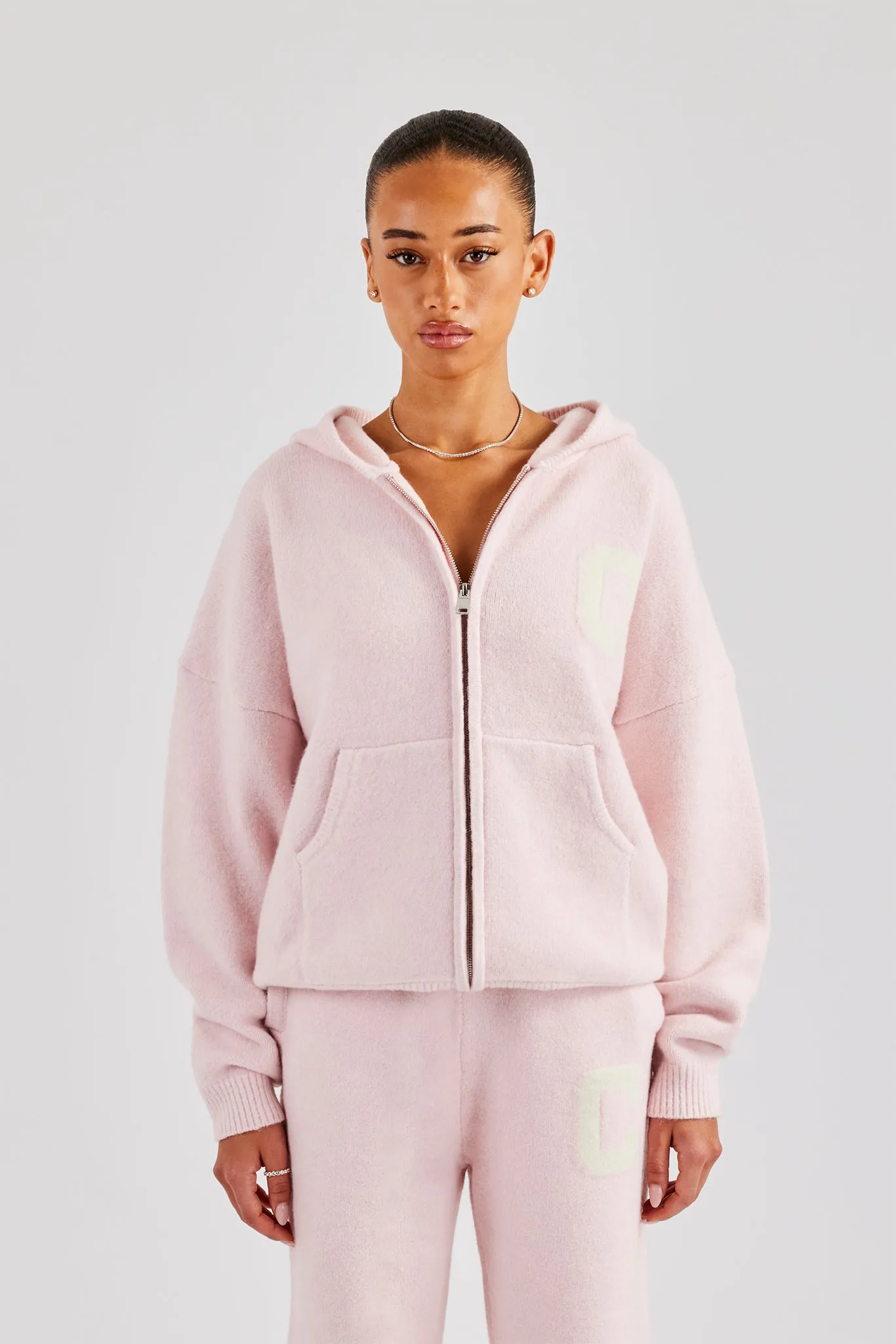 Hooded Zip Through Knitted Jumper - Baby Pink