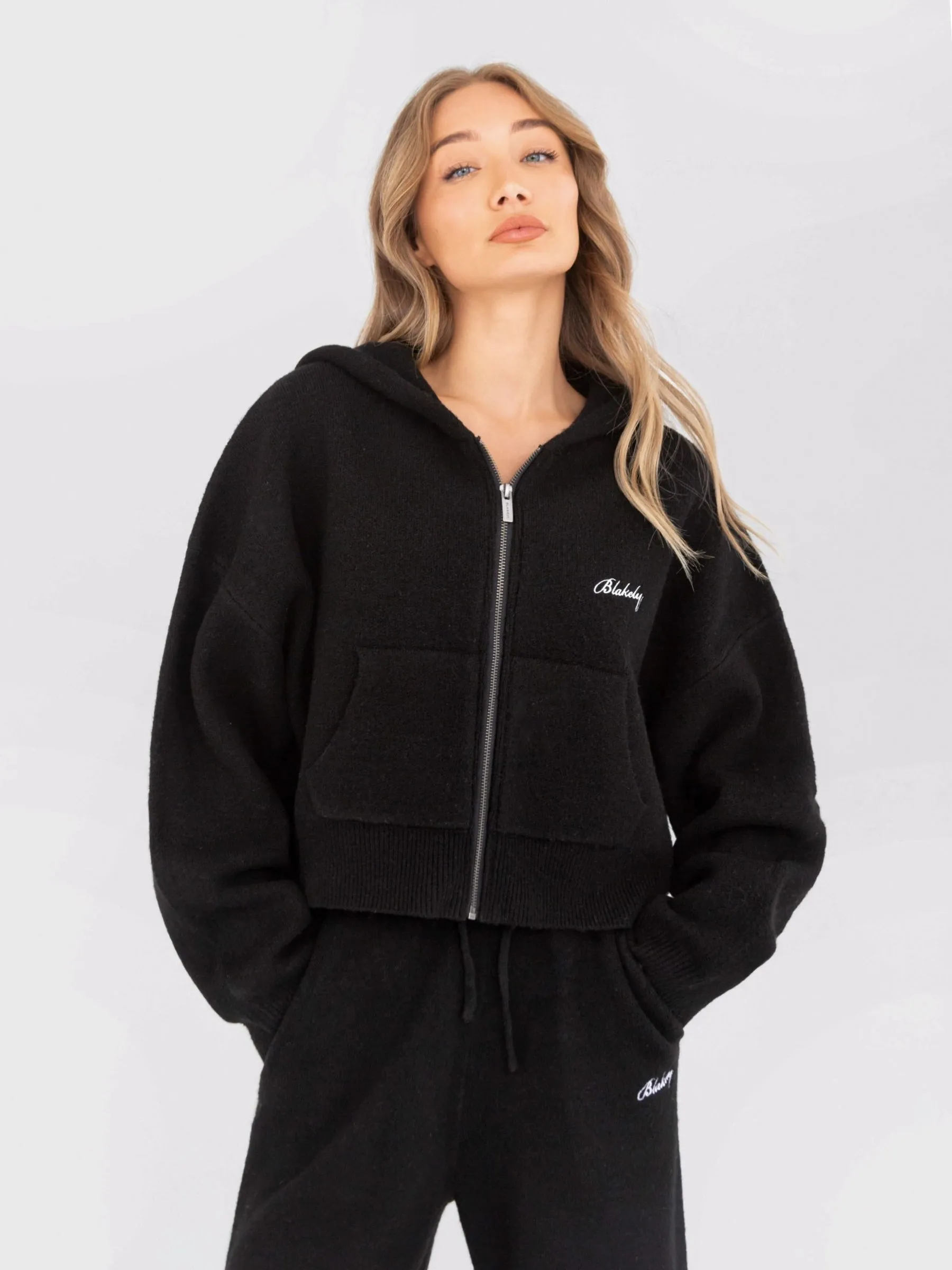 Knitted Full Zip Hoodie - Black