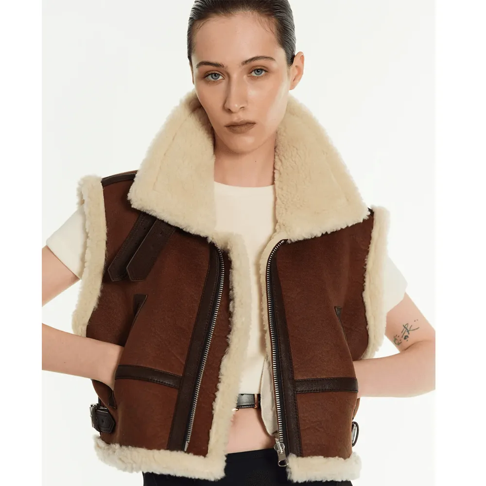 Ladies Sheepskin Shearling Aviator Leather Vest