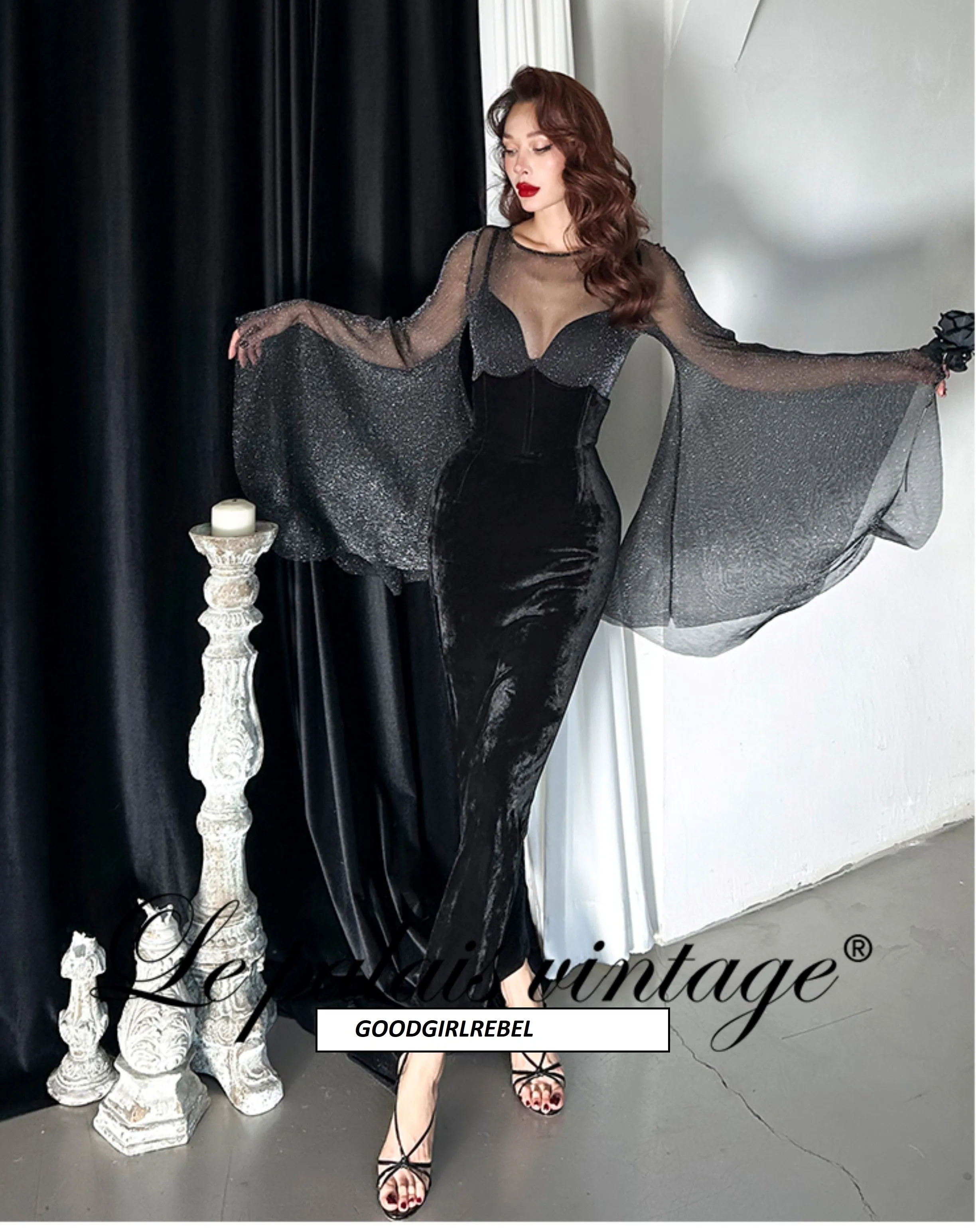 Le Palais Vintage elegant sexy sheer glitter jumpsuit leotard   wrapped maxi dress - Talso