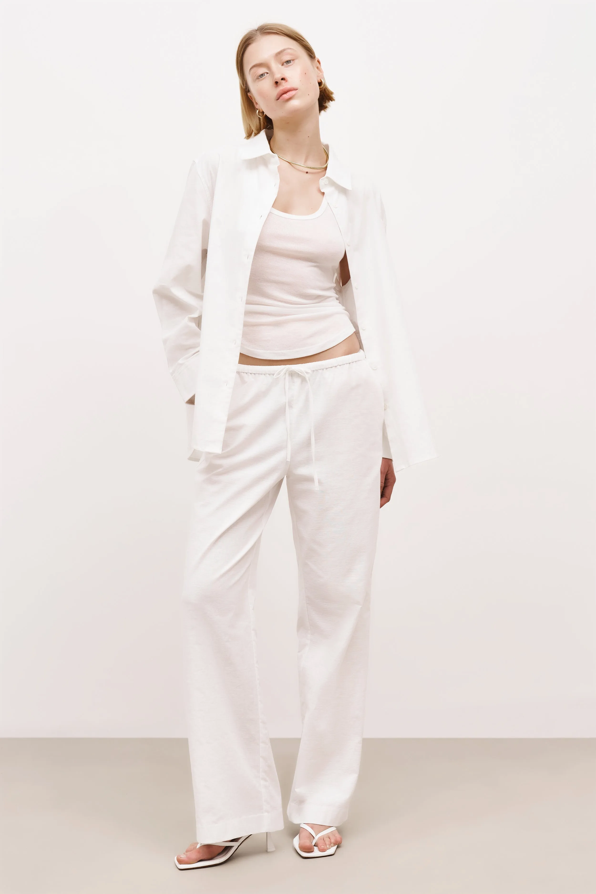 Linen Drawstring Wide Leg Trousers - White