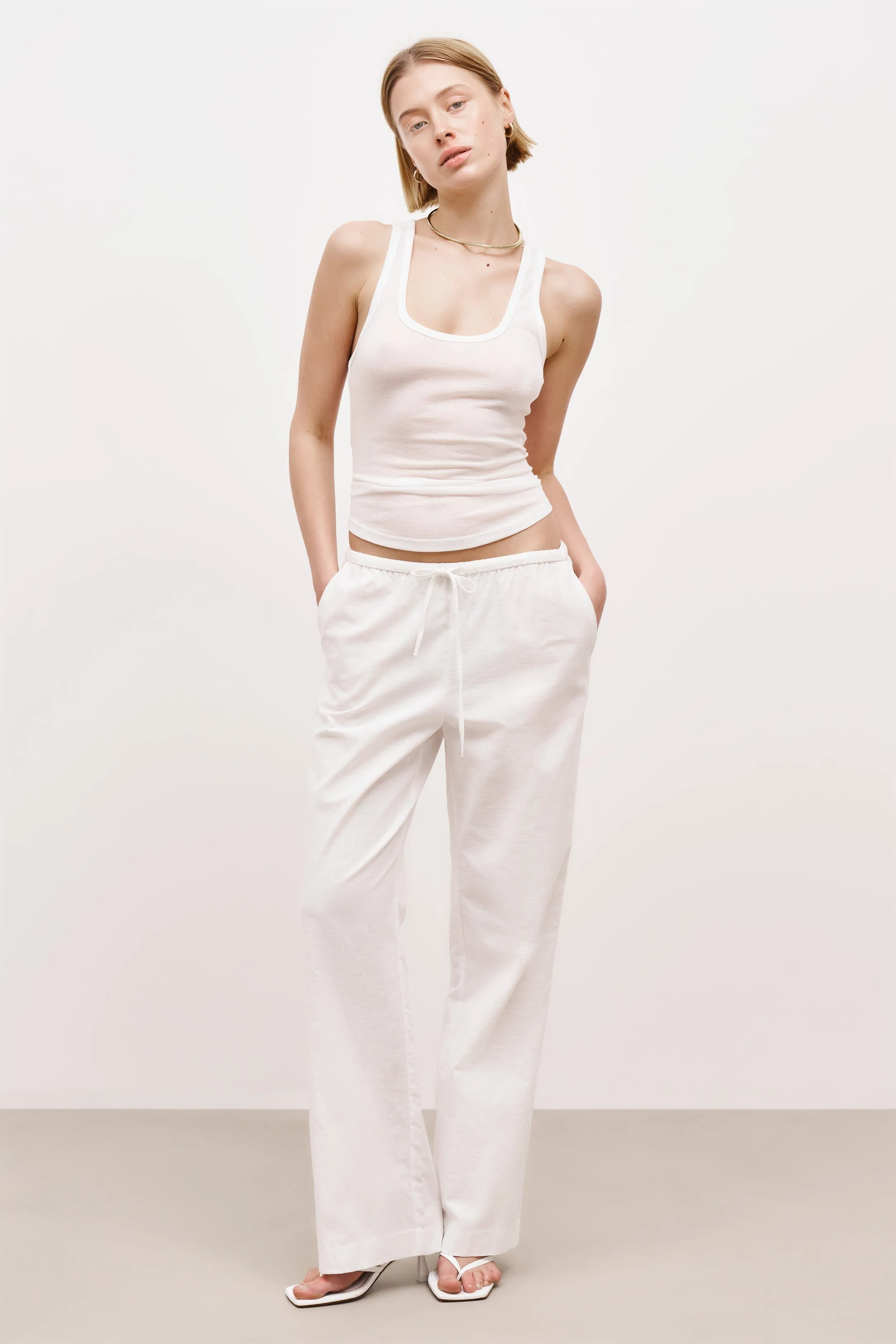 Linen Drawstring Wide Leg Trousers - White