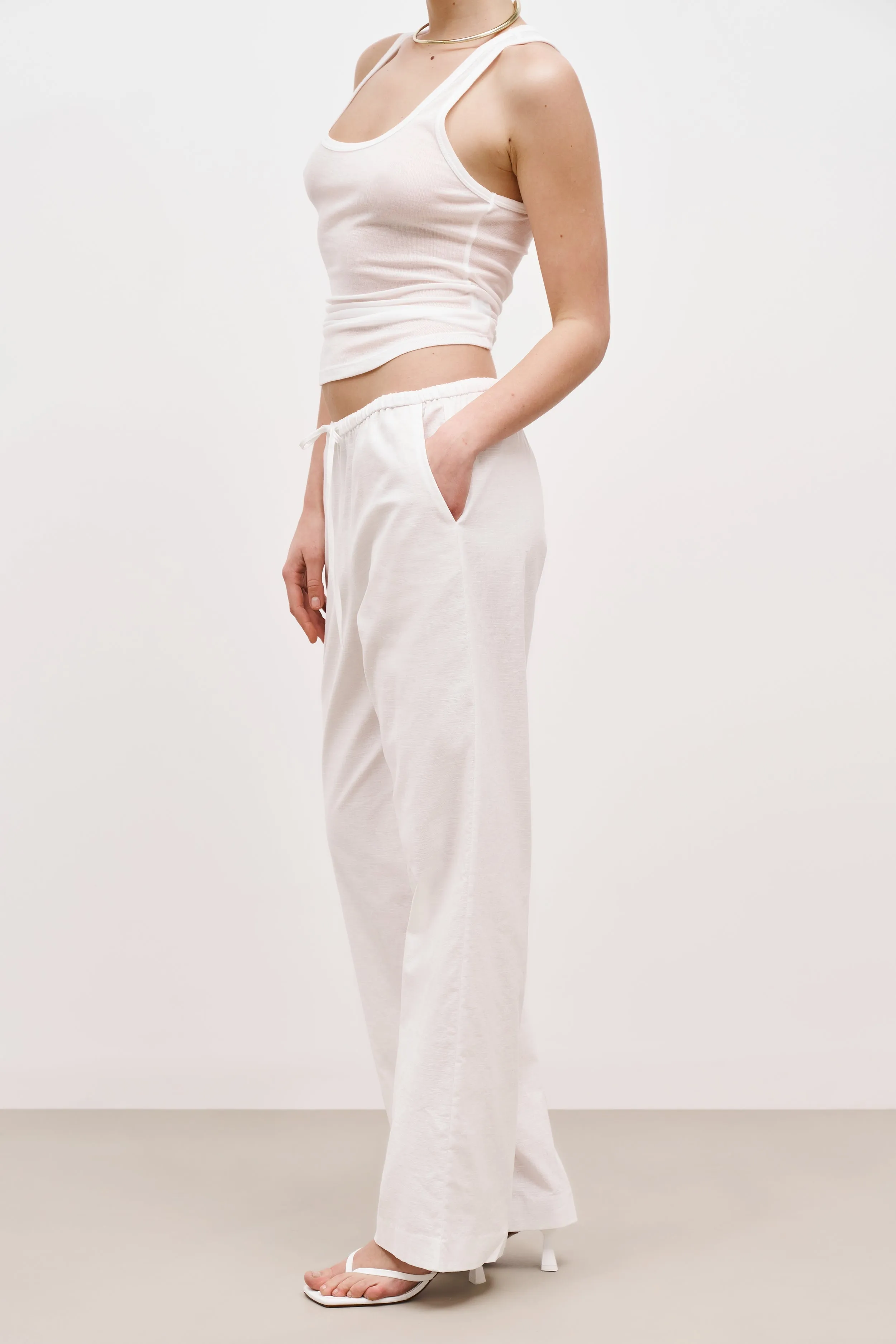 Linen Drawstring Wide Leg Trousers - White