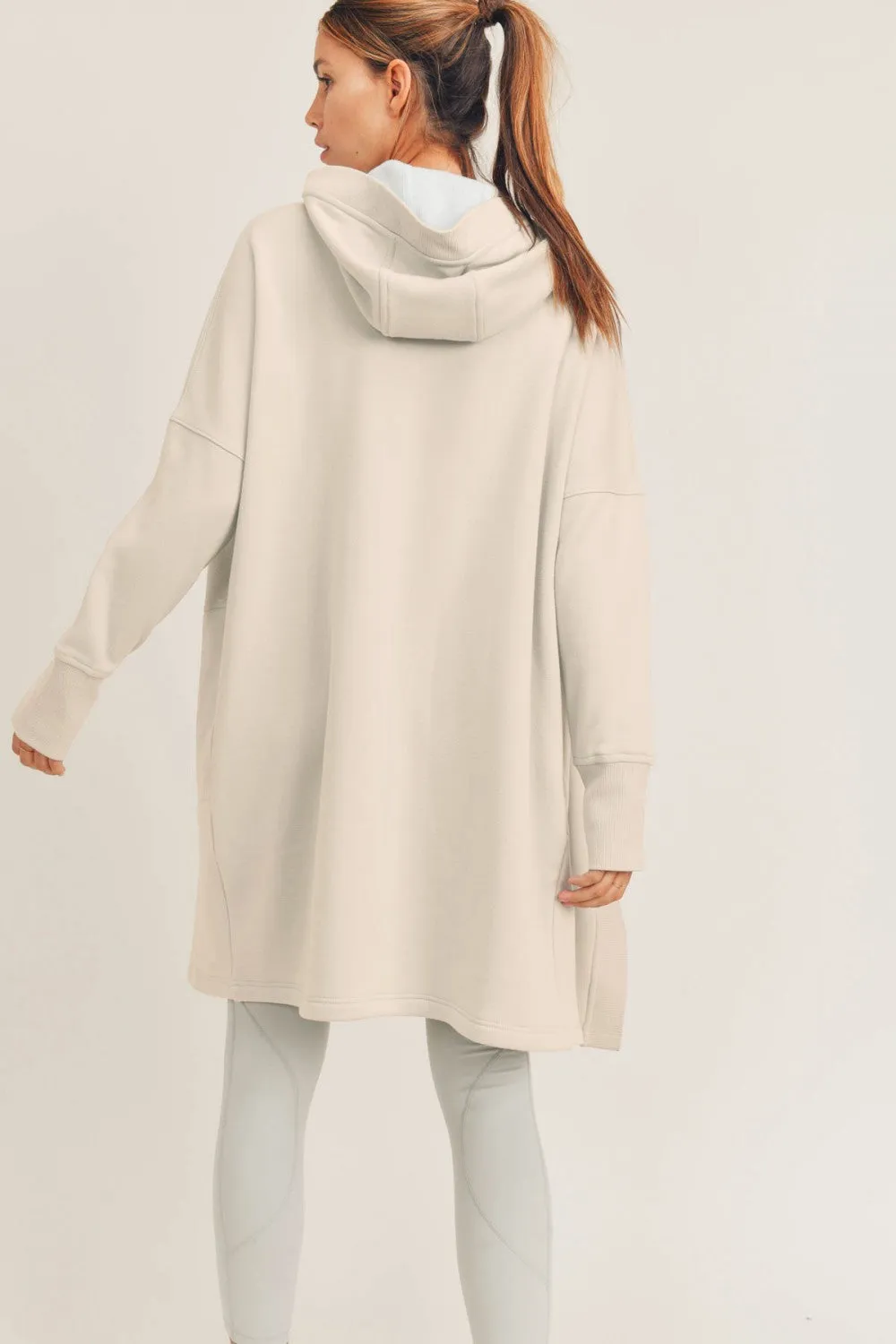 Longline Hoodie Cardigan with Fleece Lining - Stone