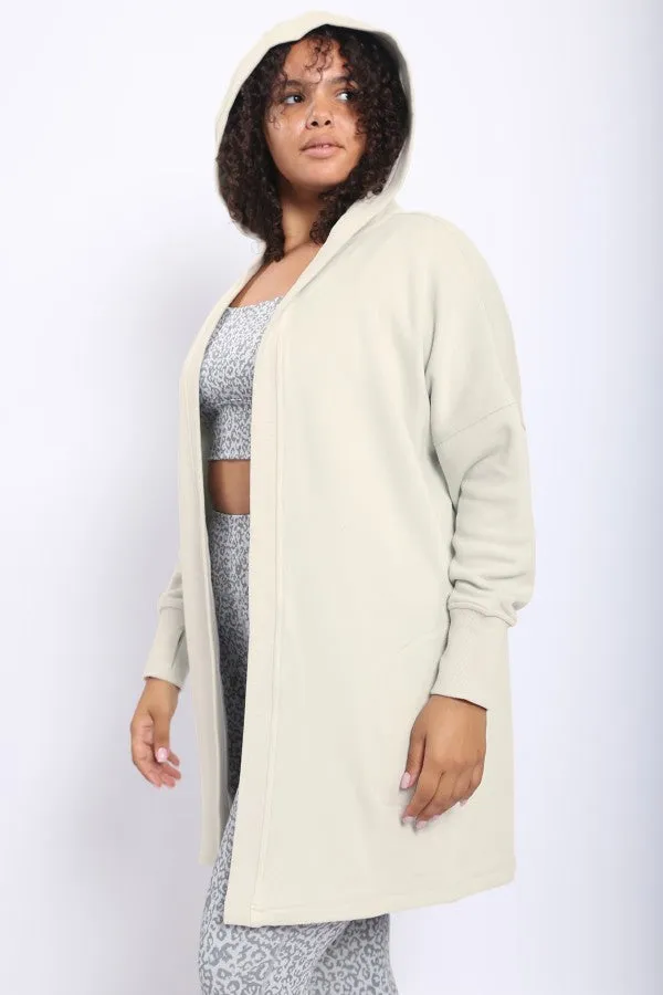 Longline Hoodie Cardigan with Fleece Lining - Stone