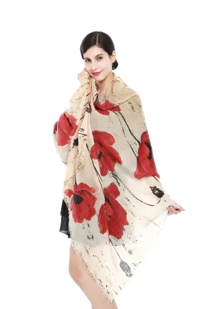 Luxurious Extra Wide 100% Cashmere Scarf & Wrap Ivory Theme Floral Print CSH218