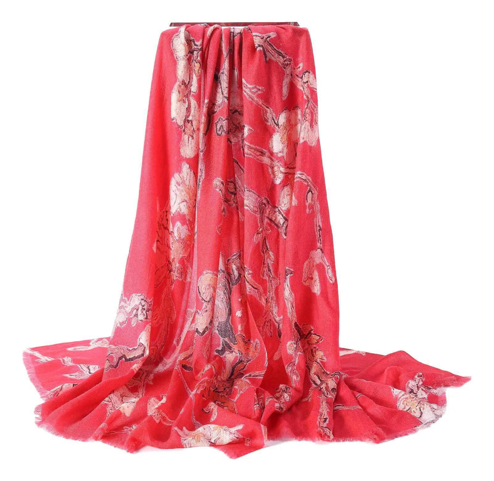 Luxurious Extra Wide 100% Cashmere Scarf & Wrap Red Color Floral Print CSH222