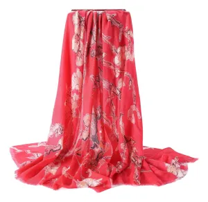 Luxurious Extra Wide 100% Cashmere Scarf & Wrap Red Color Floral Print CSH222