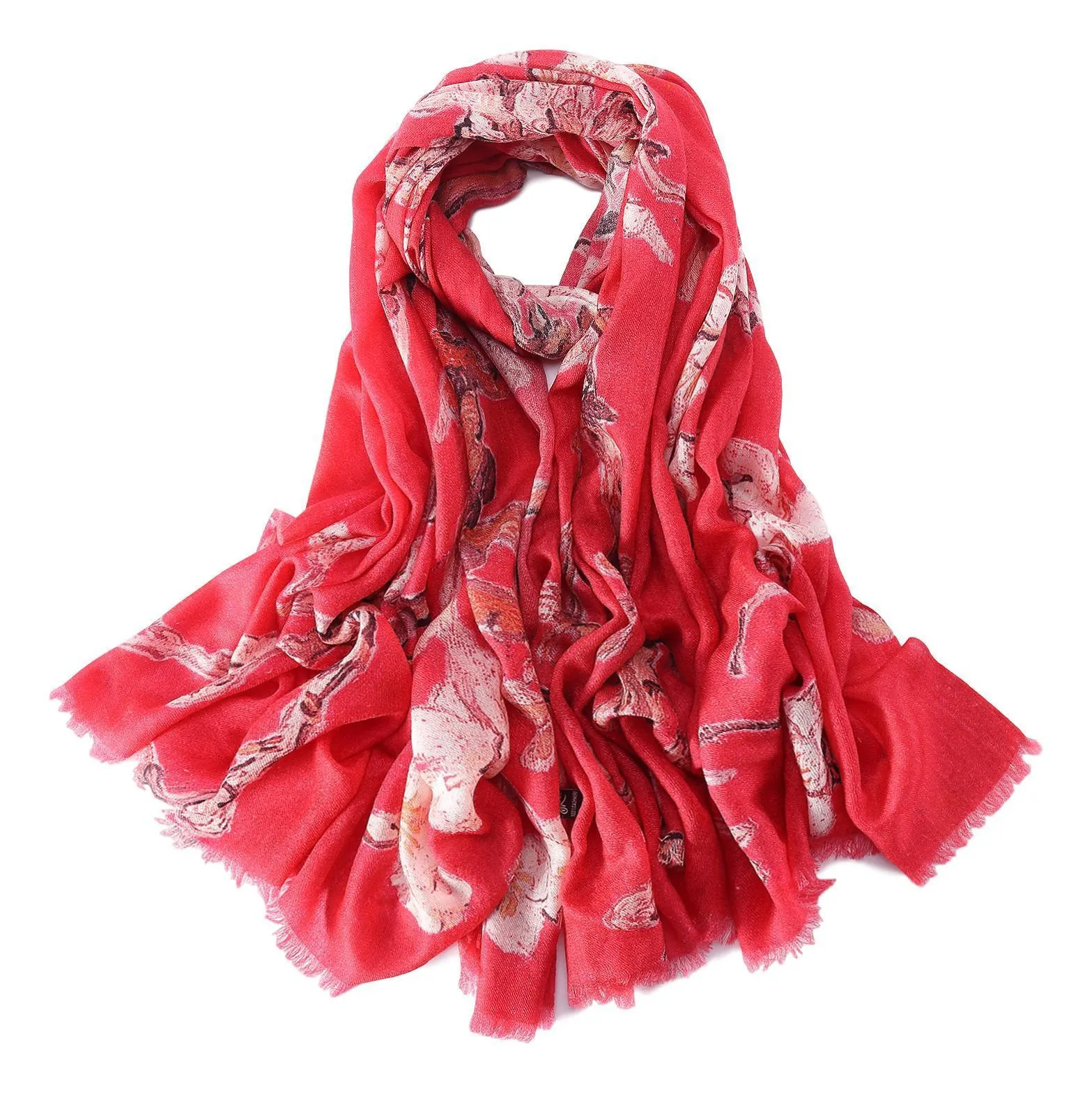 Luxurious Extra Wide 100% Cashmere Scarf & Wrap Red Color Floral Print CSH222