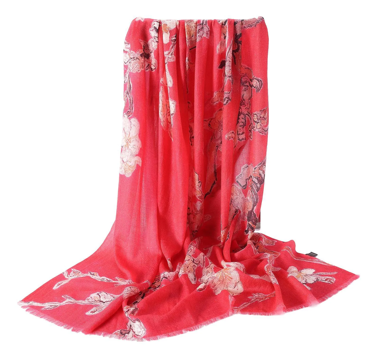 Luxurious Extra Wide 100% Cashmere Scarf & Wrap Red Color Floral Print CSH222