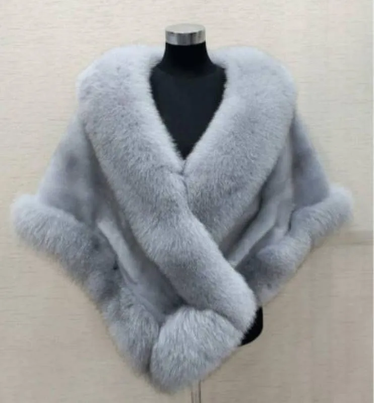 Luxurious Gray Faux Fur Poncho Shawl for Evening Wear