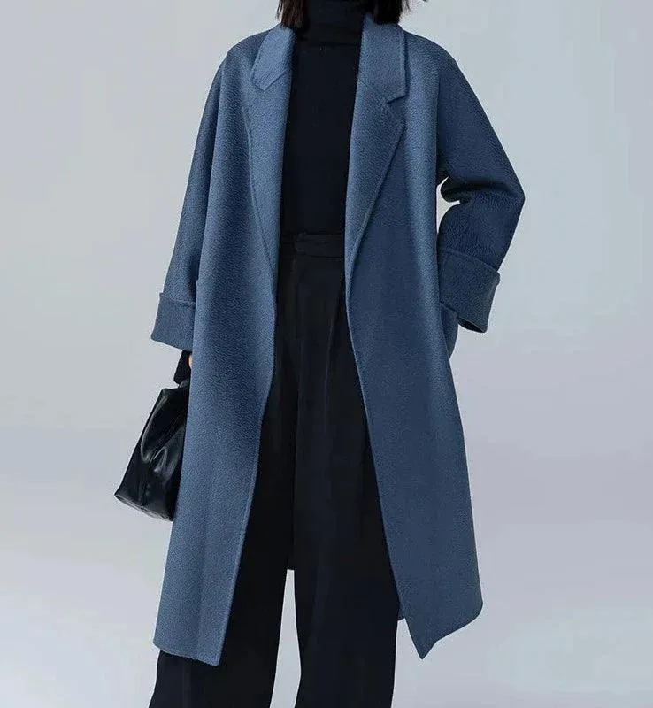 Luxurious Long Length 100% Australian Wool Coat with Turn-Down Collar