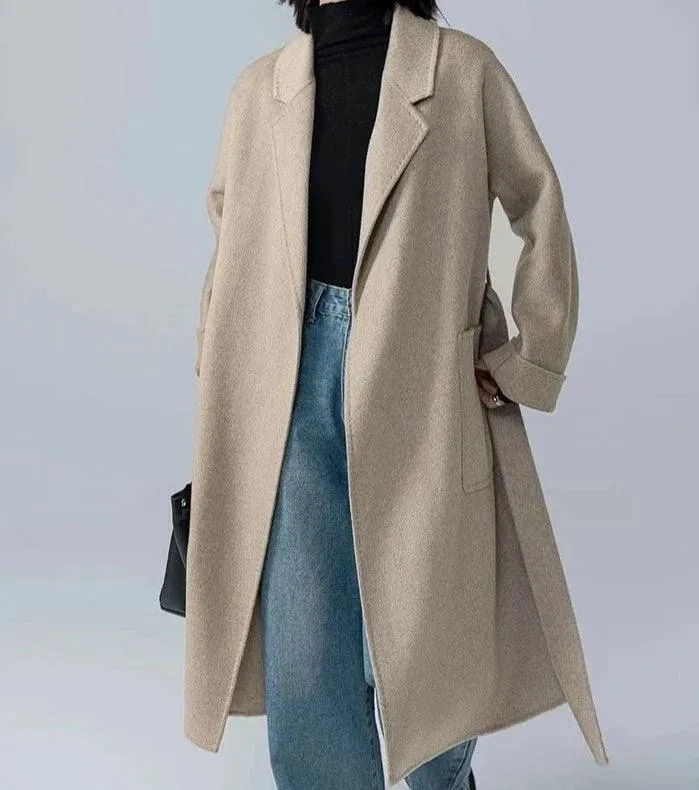 Luxurious Long Length 100% Australian Wool Coat with Turn-Down Collar