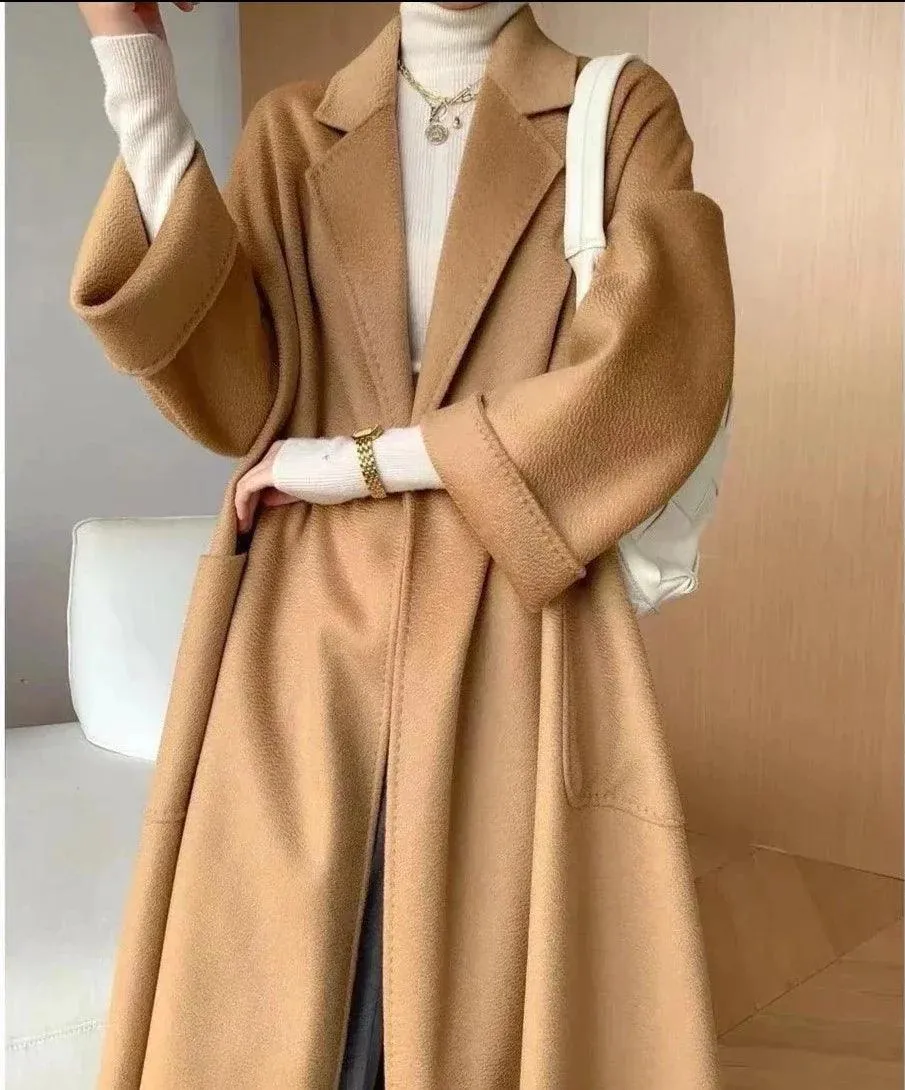 Luxurious Long Length 100% Australian Wool Coat with Turn-Down Collar