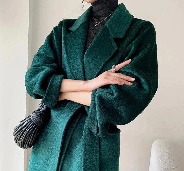 Luxurious Long Length 100% Australian Wool Coat with Turn-Down Collar