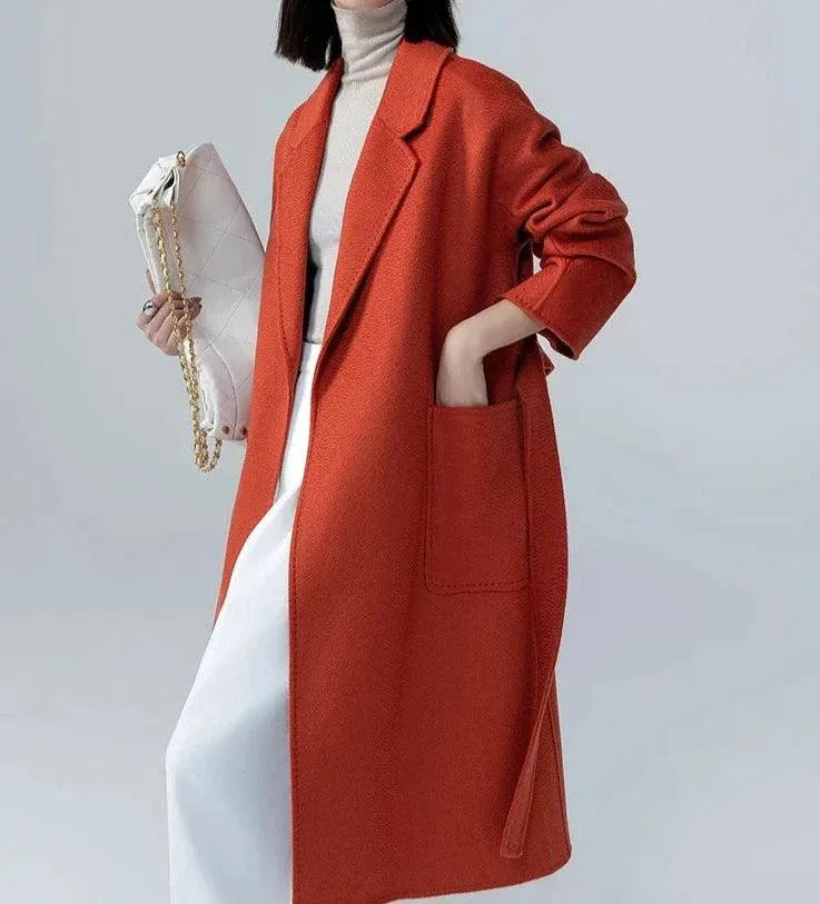 Luxurious Long Length 100% Australian Wool Coat with Turn-Down Collar