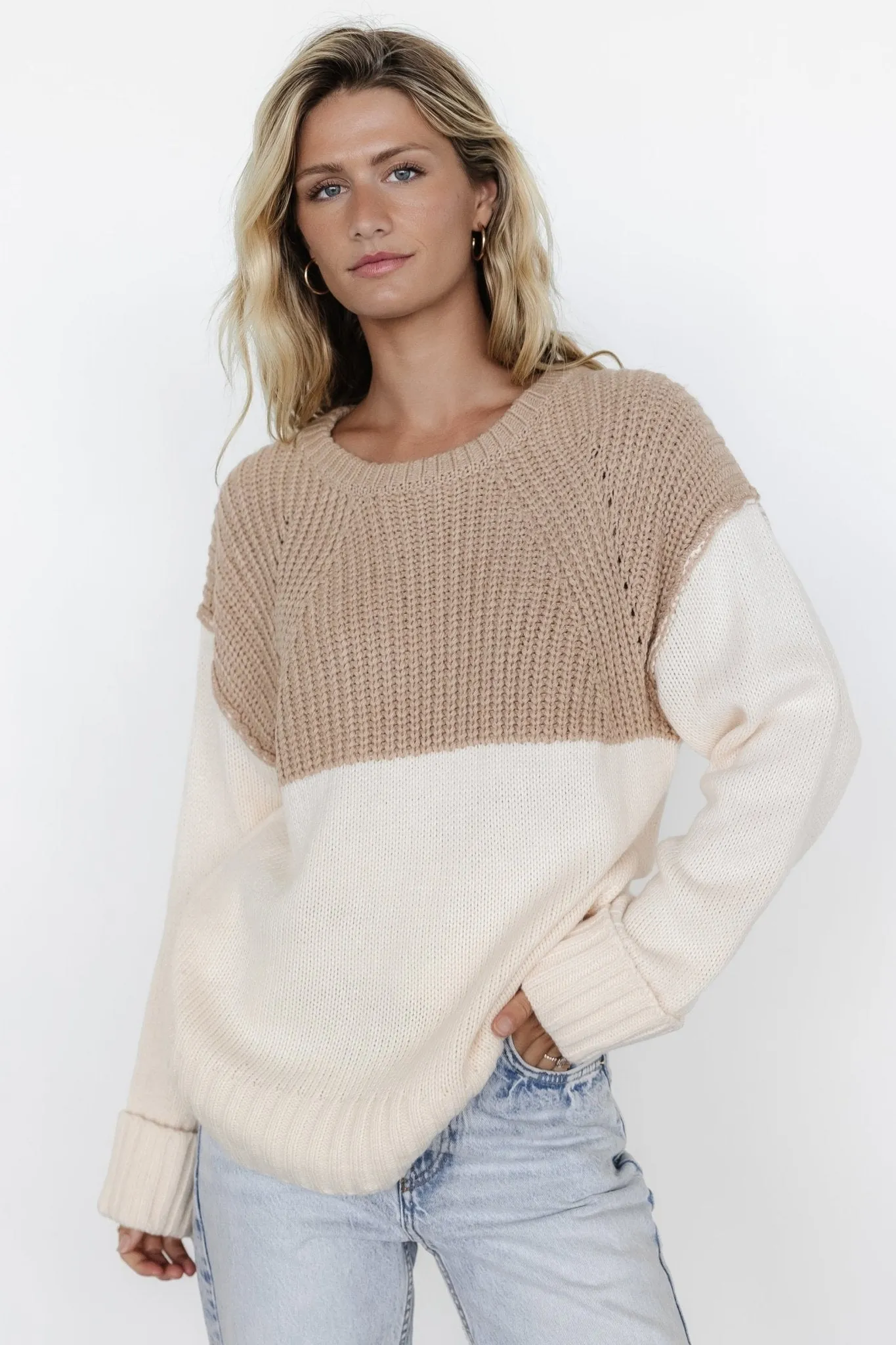 Mabel Cuffed Sweater | Cream   Taupe