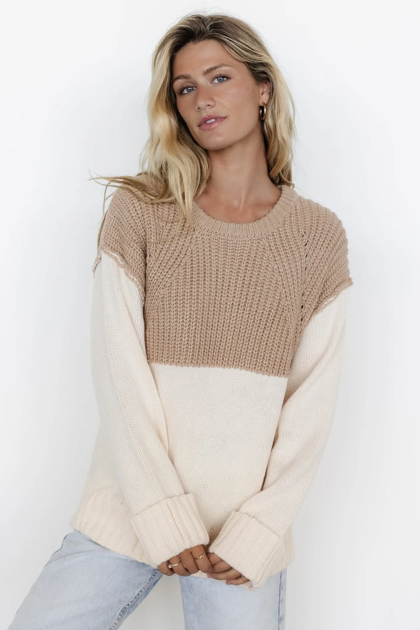 Mabel Cuffed Sweater | Cream   Taupe