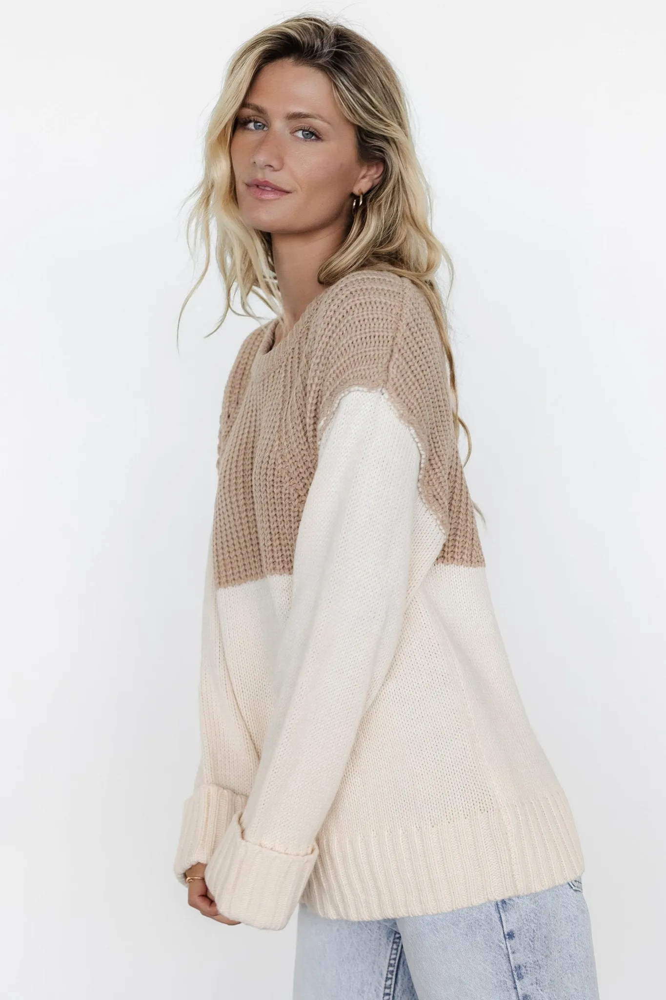 Mabel Cuffed Sweater | Cream   Taupe