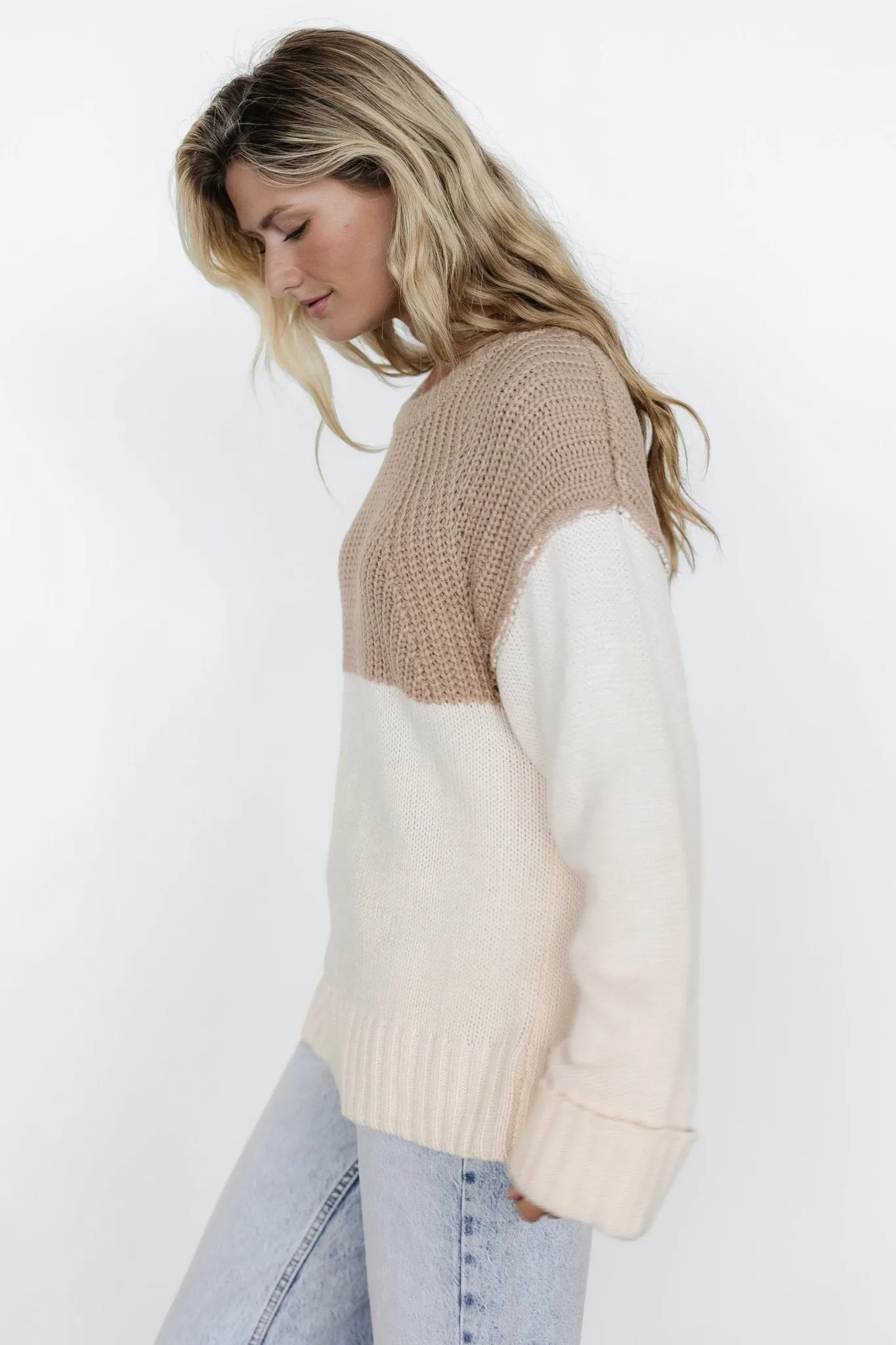 Mabel Cuffed Sweater | Cream   Taupe