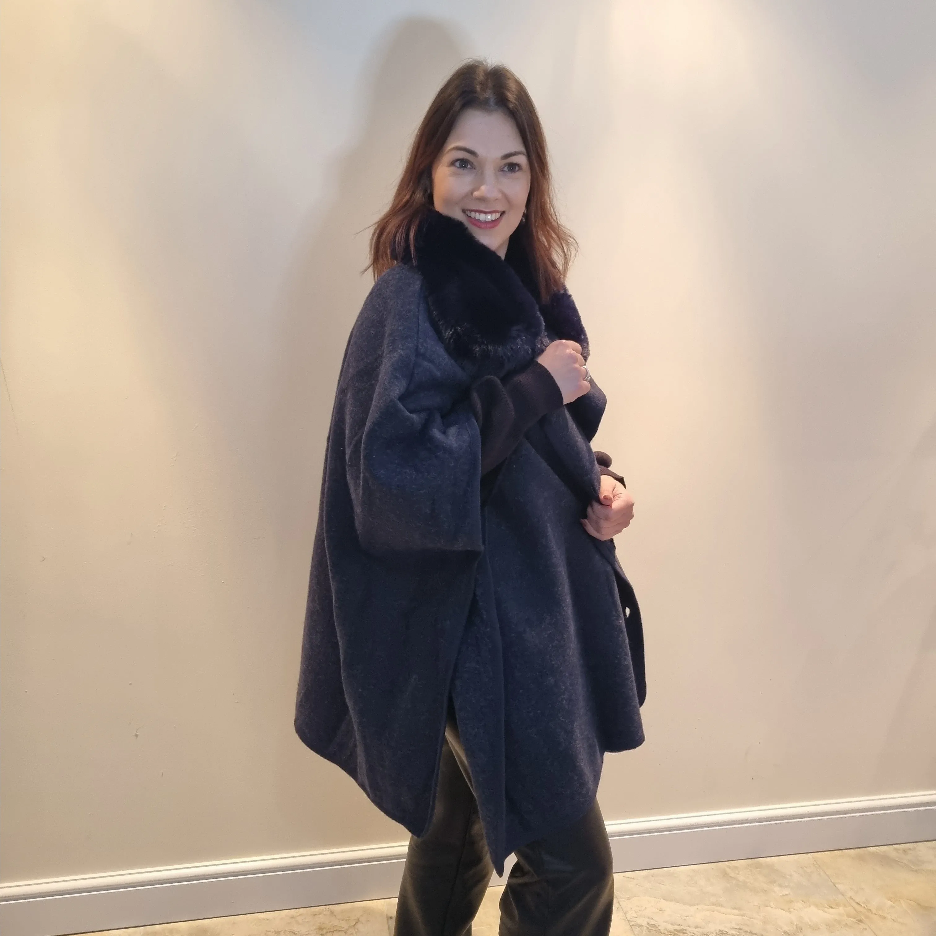 Malissa J Double Breasted Faux Fur Collar Cape